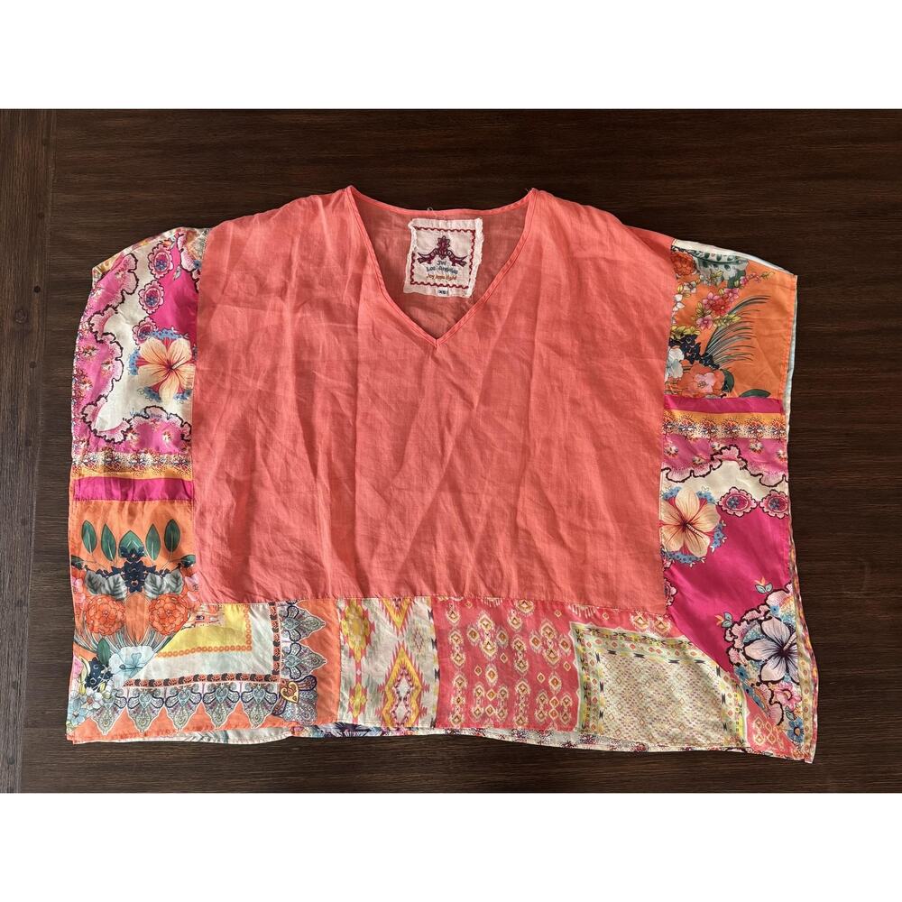 Johnny Was Blouse Top Womens XS Coral Multicolor Floral Kimono Tunic Silk Boho